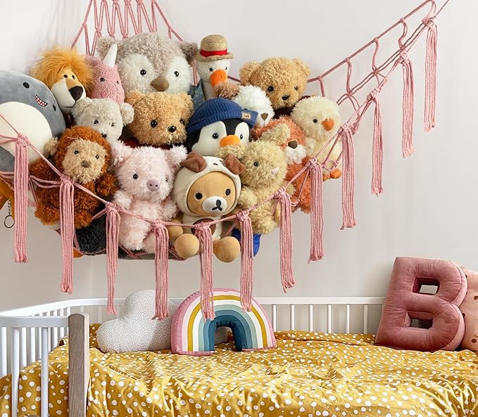 Stuffed Animal Storage Hammock or Net Corner - Large Toy Hammock Net for Stuffed Animals Room Decor - Cute Stuff Animal Organizer Plush Holder - Kids Baby Nursery Essentials Wall Bedroom Home Decor