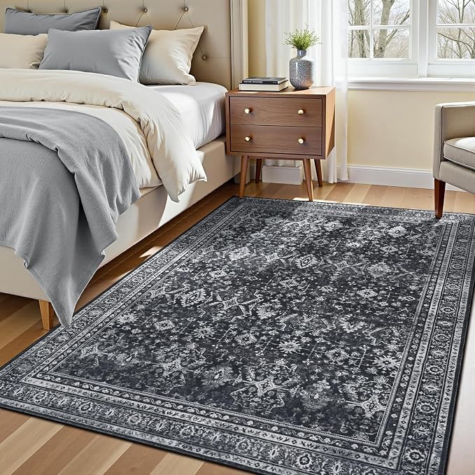 5x7 Area Rugs for Living Room Bedroom, Black Washable Non-Slip Carpet | Soft Area Rug for Dining Room Home Office Indoor Nursery, Stain Resistant, Low Pile, Vintage Boho Distressed Rug