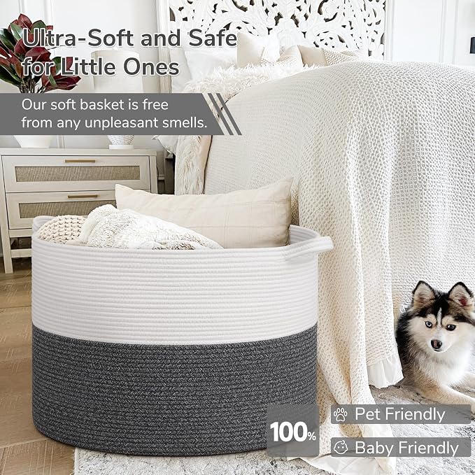 INDRESSME 115L Extra Large Woven Rope Blanket Basket Living Room | 23.6" x 15.7" Storage baskets for toys laundry & pillows. Fits living room, bedroom or nursery décor. Soft-touch with handles