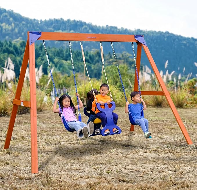 Sportspower Madison Cedar Wooden Swing Set: 2 Height Adjustable Swings and 2 Person Roman Glider Swing, Backyard Outdoor Playset for Kids