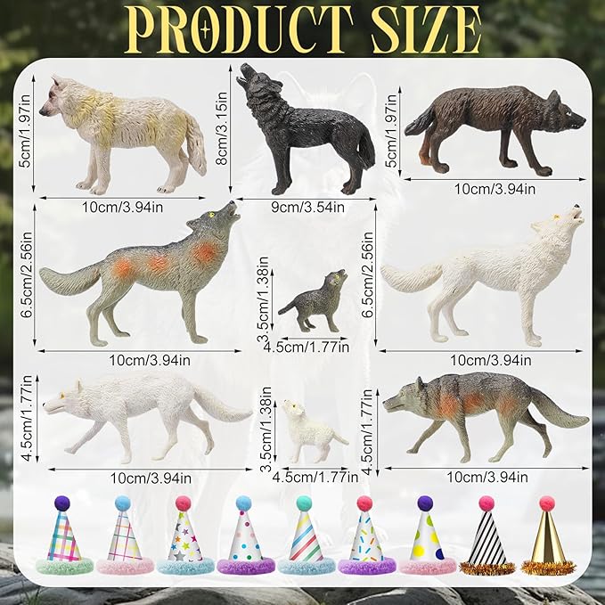 18 Pcs Wolf Miniature Birthday Hats & Figures Cake Toppers with Mini Hat for Birthday Party, Animal Themed Party