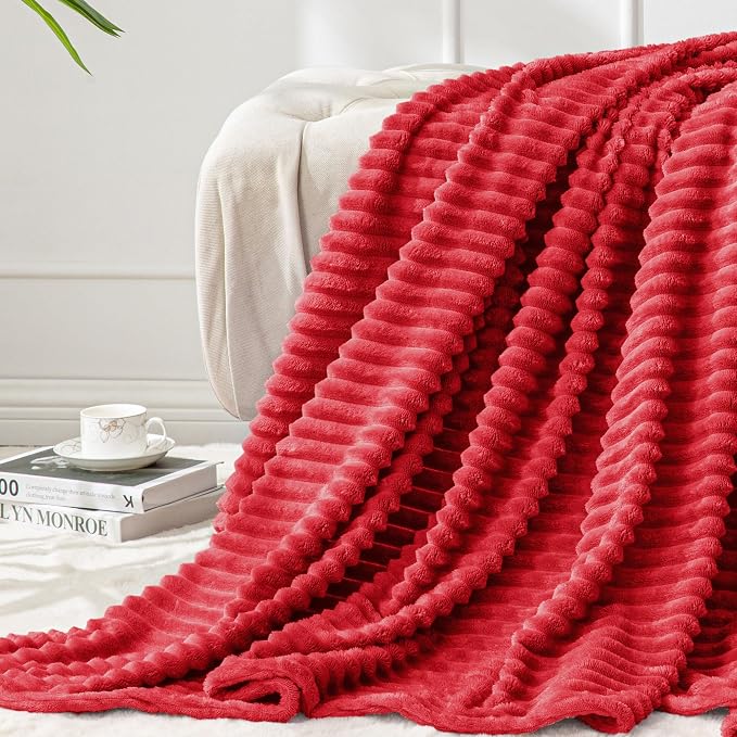 BEDELITE 3D Ribbed Jacquard Red Fleece Throw Blanket for Couch, 50x60 Inch | Soft Warm Decorative Fluffy Blanket, Cozy Plush Lightweight Fuzzy Throw Blanket for Bed Sofa Home Room Decor, Gift for Women