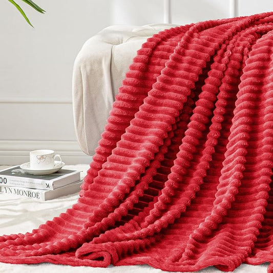BEDELITE 3D Ribbed Jacquard Red Fleece Throw Blanket for Couch, 50x60 Inch | Soft Warm Decorative Fluffy Blanket, Cozy Plush Lightweight Fuzzy Throw Blanket for Bed Sofa Home Room Decor, Gift for Women