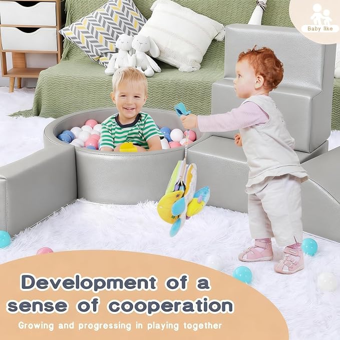 Hoohtoot Foam Climbing Blocks for Toddler: with 4-Piece PU Leather Climbing Toys and a Ball Pit - Foam Ball Pit for Toddlers - Climbing Toys Indoor for Kids Crawling