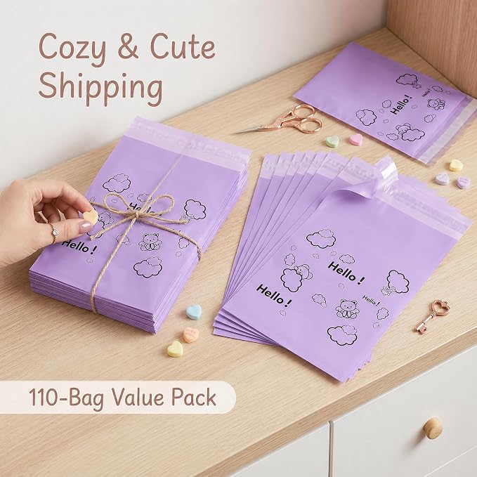 [110 Count] Bynibiny Purple Feminine Hygiene Disposal Bags for Pads | PE Self-Sealing Sanitary Napkin Bags with Adhesive Strip, 29x17cm, Teddy Bear Print, Discreet for Bathroom, Travel, Office