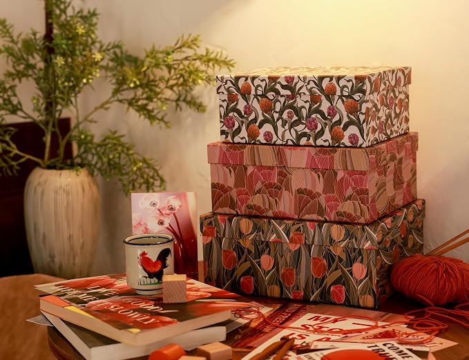 3-Piece Decorative Storage Boxes with Lids, Tulip Design, Vintage Floral, Cardboard Paperboard Keepsake box Set, Photo Storage Box for Memory, Home Decor, Modern Decoration Organizer