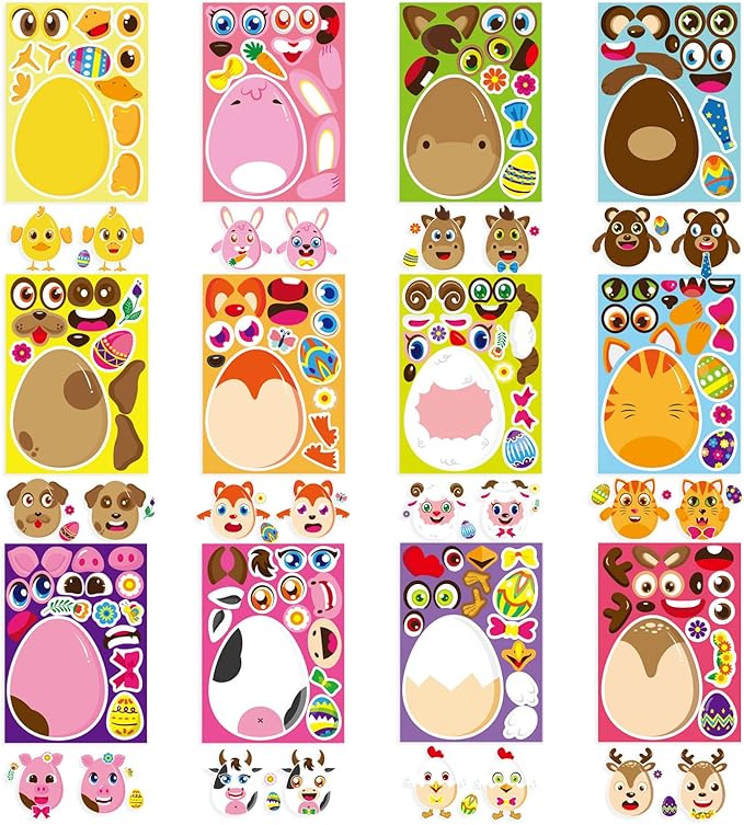 DUJAA 24 Sheets Easter Stickers for Kids Make Your Own Animal Mix and Match Stickers with Easter Egg Themed Pig, Bunny, Chicken, Cow, Sheep, Duck Craft Party Favor Supplies
