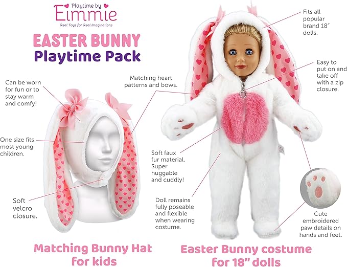 Playtime by Eimmie 18 Inch Doll Clothes and Accessories - Easter Bunny Onesie with Heart Zipper, Pink Paws & Matching Bunny Ear Hat - Fits American, Generation & Other 18" Dolls for Girls