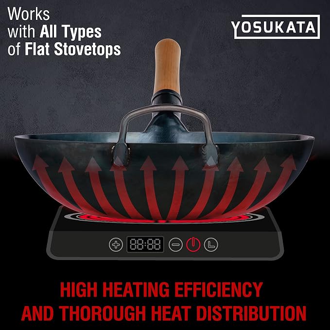 YOSUKATA Flat Bottom Wok Pan - 13.5" Blue Carbon Steel Wok + 17’’ Spatula and Ladle - Set of 2 Heat-Resistant Tools + Wok Lid 12.8 Inch