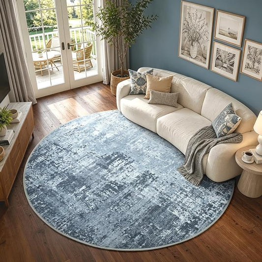6Ft Round Area Rugs for Living Room, Soft Non-Slip Washable Rugs Modern Abstract Pattern Carpet for Bedroom Indoor Floor Nursery Home Decor (Blue)