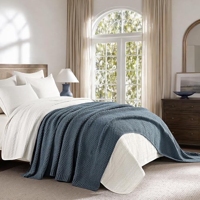 EVERGRACEHOME Chunky Chenille Knit Throw Blanket, 90 x 90, Stormy Blue | Sculpted Moss Stitch, Chic Modern Farmhouse, All-Season Warmth, OEKO-TEX® Certified, Oversized Queen for Couch, Bed, Sofa