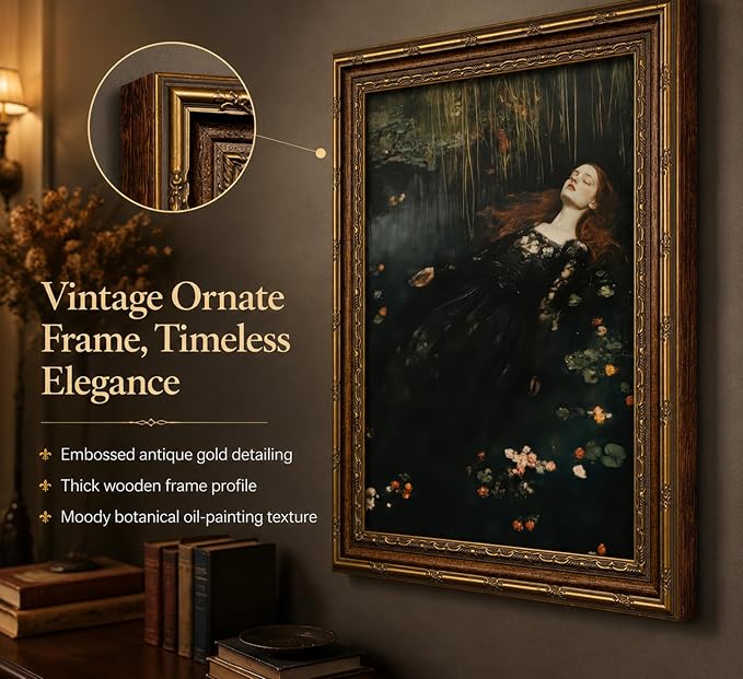 Vintage Gold Framed Ophelia Wall Art,Victorian Gothic Oil Painting Canvas Print,Classic Dark Academia Aesthetic Wall Decor,Antique Woman Portrait Picture,Moody Floral Poster Artwork,for Living Bedroom