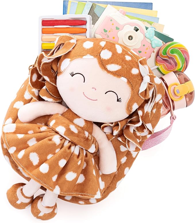 Gloveleya Toddler Backpack Baby Girl Gifts Curly Hair Plush Figure Dress Backpack Kids Backpack Curly Animal - Fawn 9 Inches