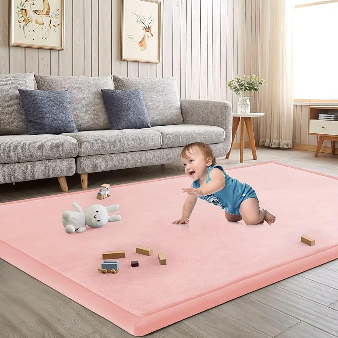 Baby Play Mat for Floor Nursery Rug Muscle Mat Area Rug Playroom Rug 50"x50" Playpen Mat Elastic Foam 1.3" Thick Crawling Mat for Babies,Toddlers, Infants, Kids,Light Pink