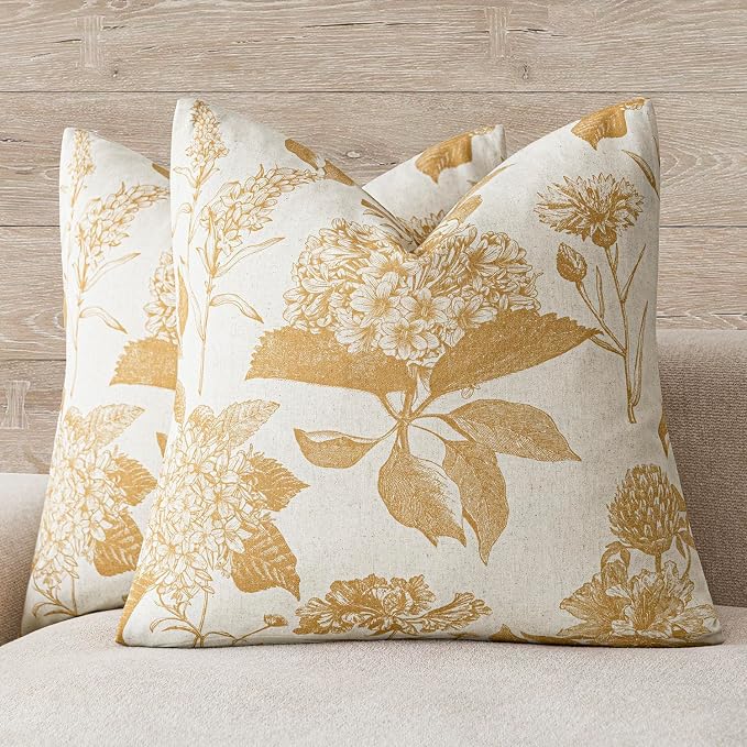 Foindtower Set of 2 Linen Floral Vintage Throw Pillow Covers Neutral Accent Print Decorative Cozy Cushion Covers Farmhouse Home Decor for Sofa Chair Couch Bed Living Room,20×20 Inch,Light Yellow