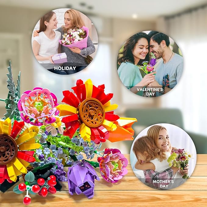 Flower Bouquet Building Set, 976 PCs Botanical Collection Kit with Sunflowers, Chamomile, Lavender, Lulips, DIY Unique Office Home Decor Gift for Christmas, Mother's Day & Valentine