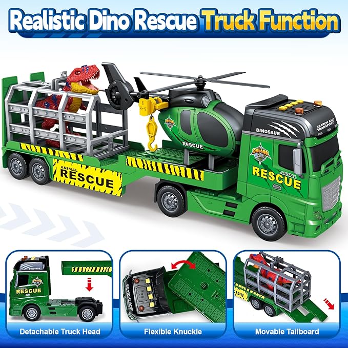 SpringFlower Toddler Truck Boy Toys, Large Dino Truck Toy with Helicoper and Dinosaur, 3 in 1 Boy Toy for 3 4 5 6 7 Year Old, Christmas Birthday Gifts for Kids 3 4 5 6 Years Old