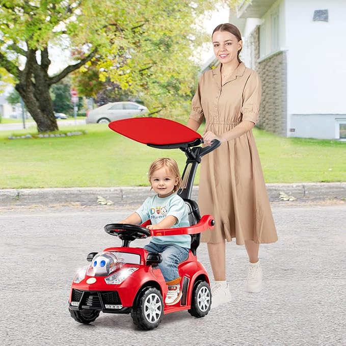 Costzon Push Car for Toddlers, 3 in 1 Stroller Sliding Walking Car with Handle, Canopy, Seat Belt, Horn, Music & Lights, Under-Seat Storage, Guardrail, Foot-to-Floor Ride On Toy for Boys Girls (Red)