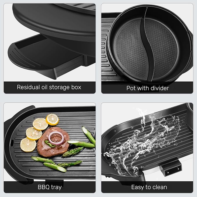 SEAAN Hot Pot with Grill, Korean BBQ Grill Indoor Hotpot Pot Electric Combo, Shabu Shabu Pot with Divider KBBQ Grill Smokeless Non-stick Separate Dual Temperature Control, for 2-12 People, 110V