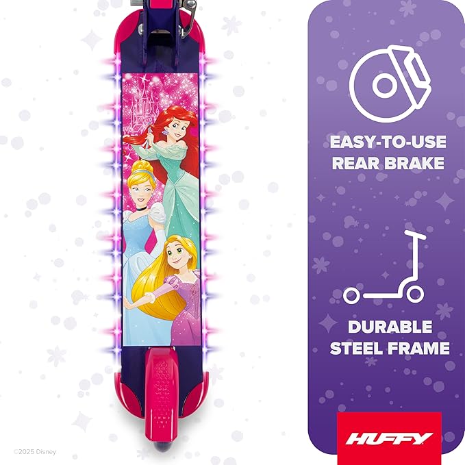 Huffy Disney and Marvel Light Up Kids' Inline Scooters, Multiple Color Options, LED Lights, Ages 5+ Years Old, Adjustable Handlebar, Durable Steel Frame, Foldable, Girls/Boys, 2-Wheels