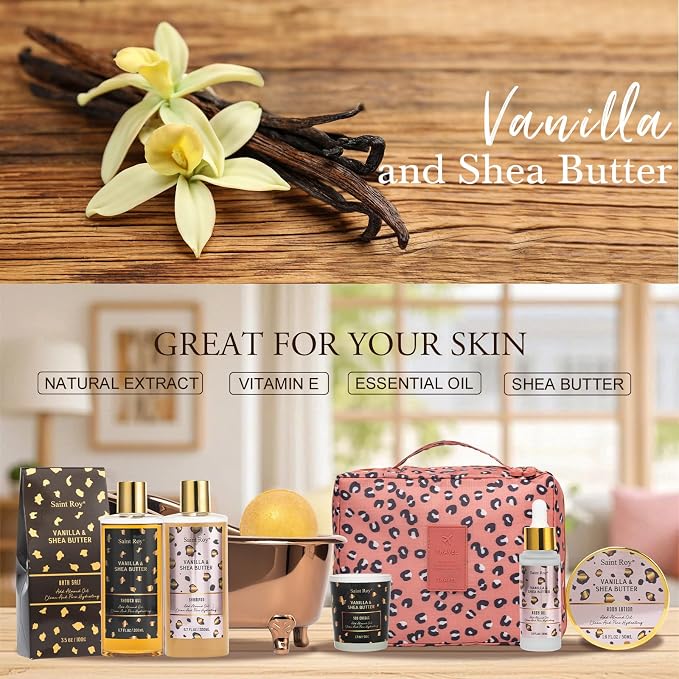 Warm Vanilla Spa Gifts for Women, Spa Bath & Body Gift Basket Skin Care Kit | Home Spa Gift Set, Home Spa Self-Care Kit, Travel Multi-use toiletry bag, Birthday, Christmas, Mother Day, Anniversary Gifts