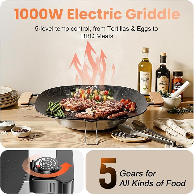 Smokeless Electric BBQ Grill, Wood Handles, Adjustable Temp | Electric nonstick griddle, 5 temperature settings, for steak, pancakes, fried eggs, low-fat meals, easy clean.