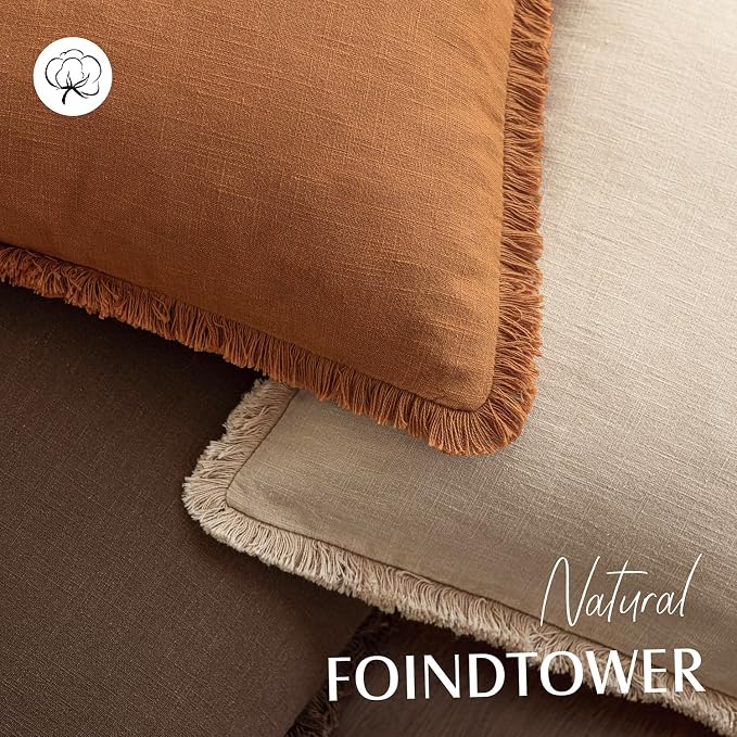Foindtower Set of 2 Decorative Linen Fringe Throw Pillow Covers Cozy Boho Farmhouse Cushion Cover with Tassels Soft Accent Pillowcase for Couch Sofa Bed Living Room Home Decor, 24×24 Inch, Orange