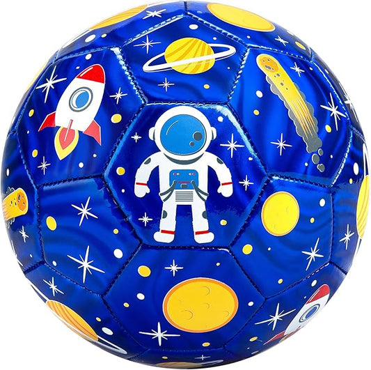 INPODAK Size 3 Soccer Ball for Toddler and Kids, Cartoon Astronaut Blue Ball for Kids 2-8, with Pump, Mesh Bag and Gift Box for Birthdays, Parties and Operation Christmas Child Shoebox