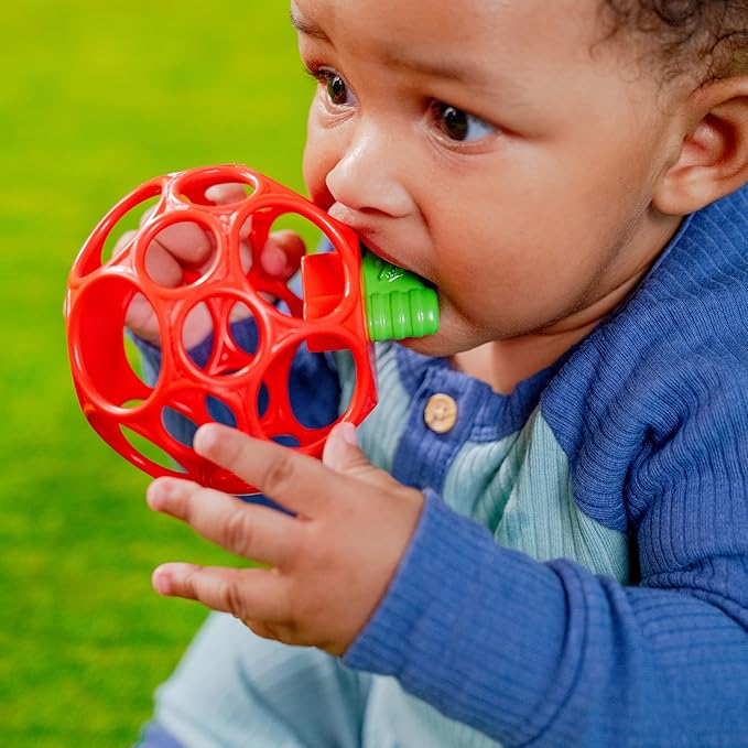 Bright Starts Oball Easy Grasp Red Apple Teether Toy, Hold My Own Collection, BPA Free, Unisex, Newborn and Up