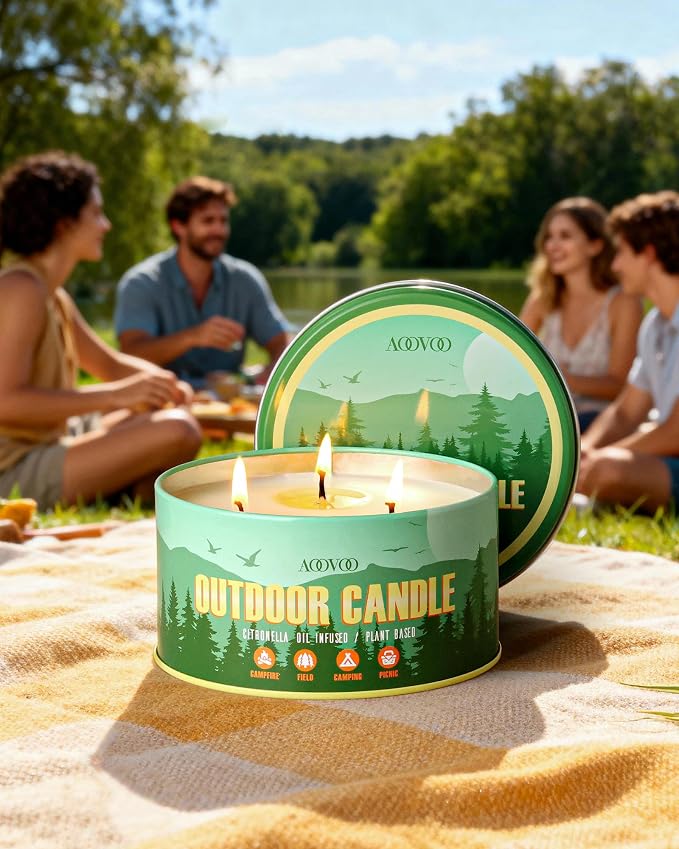 AOOVOO 2 Pack Citronella Candles Outdoor - 3 Wick 24oz Large Camping Candle, Natural Essential Oil Soy Wax Non Toxic, Strong Scented Candles for Outside Backyard Garden Picnic
