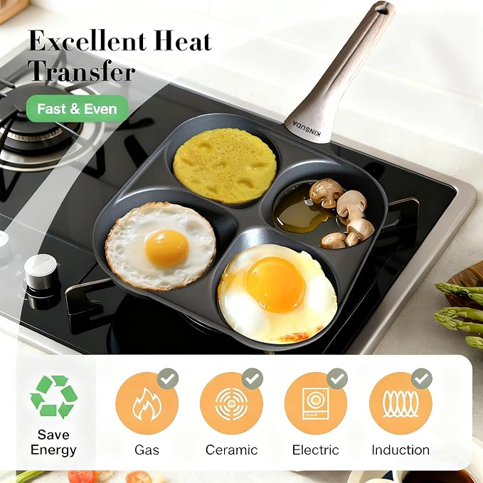 4-Cup Divided Titanium Nonstick Egg Skillet, 4-In-1 Breakfast Pan for Eggs, Pancakes, Crepes, Patties & Omelettes, Induction & Gas Compatible, PFOA/PTFE Free