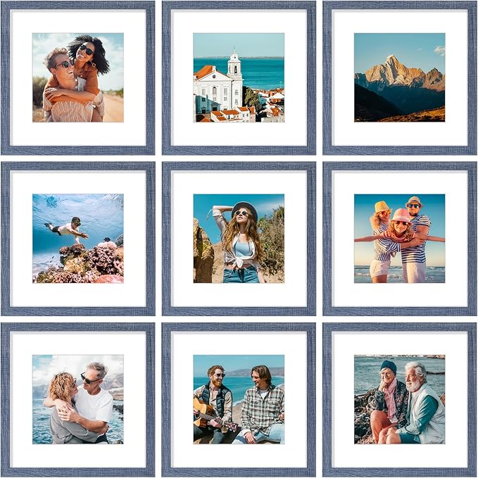 Vittanly 12x12 Picture Frames Set of 9 for Wall Mounting, Navy | Display Pictures 8x8 with Mat or 12x12 without Mat for Wall Mounting, Square Photo Frames for Home Decor, Engineered Wood