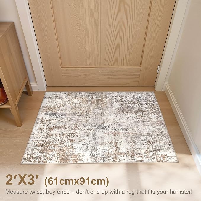 UERMEI 2x3 Area Rug Living Room Rugs - Washable Neutral Modern Abstract Soft Thin Rug Indoor Floor No Slip Rug Carpet for Bedroom Under Dining Table Home Office Decor - Brown/Grey/Red
