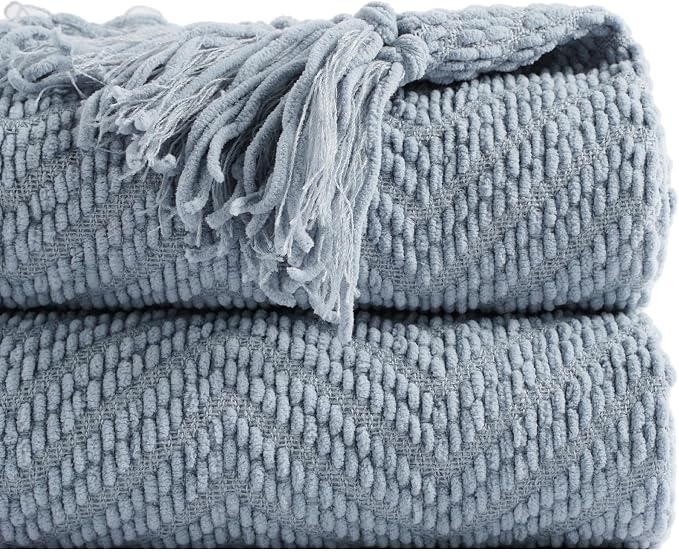 BATTILO HOME Blue Grey Chenille Throw Blanket for Couch, 60"x80" | Knit Throw Blanket, Super Soft Warm Home Decor Blue Throw Blanket with Tassels for Bed,Sofa and Living Room