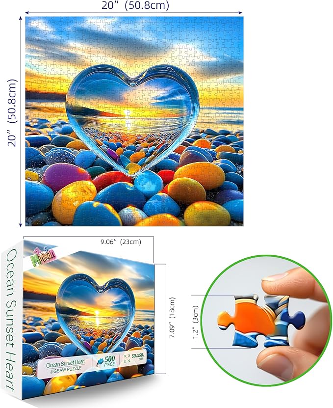 500 Piece Jigsaw Puzzle for Adults - Heart of Glass: Sunset Beach with Colorful Pebbles, 20x20 Inch Unique Art Puzzle, Challenging Hard Difficult Puzzles for Adults