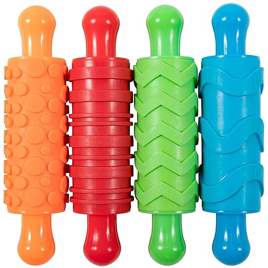 READY 2 LEARN Paint and Dough Texture Rollers | Set of 4 | Patterned Rolling Pins for Kids | Play Dough Accessories and Art Tools