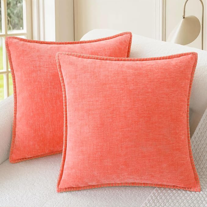 CaliTime Decorative Couch Throw Pillow Covers 16 X 16 Inches Living Coral | Pack of 2, Cozy Chenille Cushion Cases, Cotton Thread Stitching Edges, for Sofa Bed Living Room Farmhouse