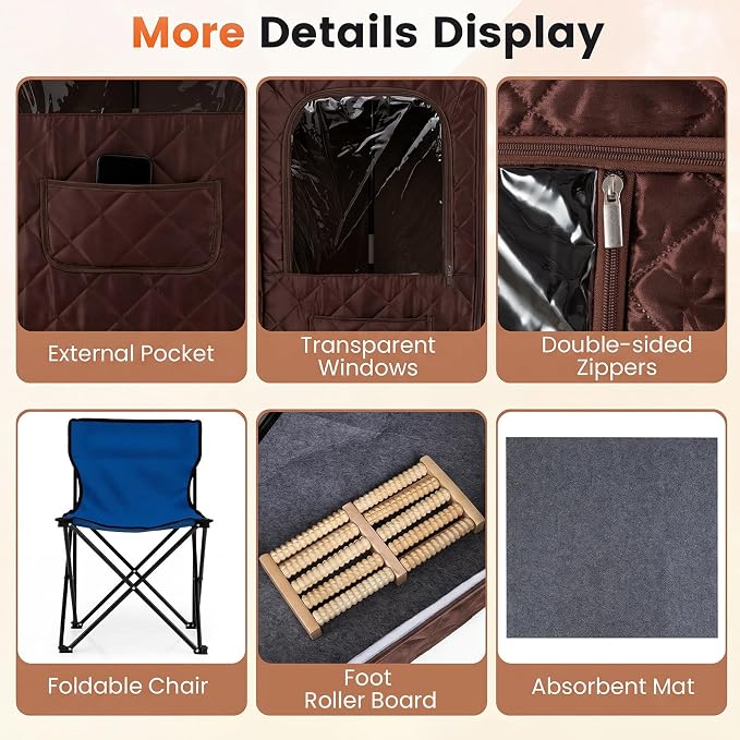 Giantex 3L Portable Steam Sauna, Fast-Heat Large Pentagon Sauna Box for Home, 9-Level Remote Control, 99-Min Timer, Folding Chair, Foot Roller, Mat, 35.5" x 35.5" x 71" Sauna Tent (Brown)