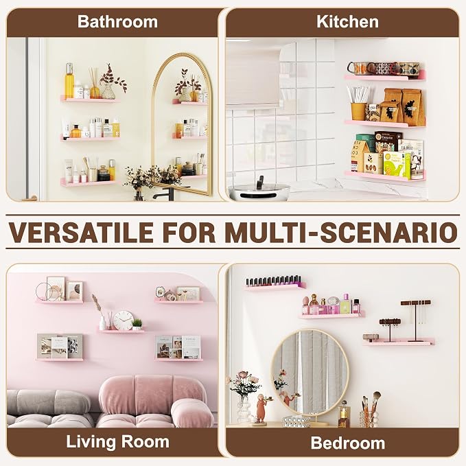 Qukaka Floating Shelves for Wall Decor, 15" Wall Shelves for Bedroom, Living Room, Kitchen, Bathroom Decor, Nail Polish/Book/Decoration/Makeup/Perfume Organizer Floating Shelf-3Pack Pink