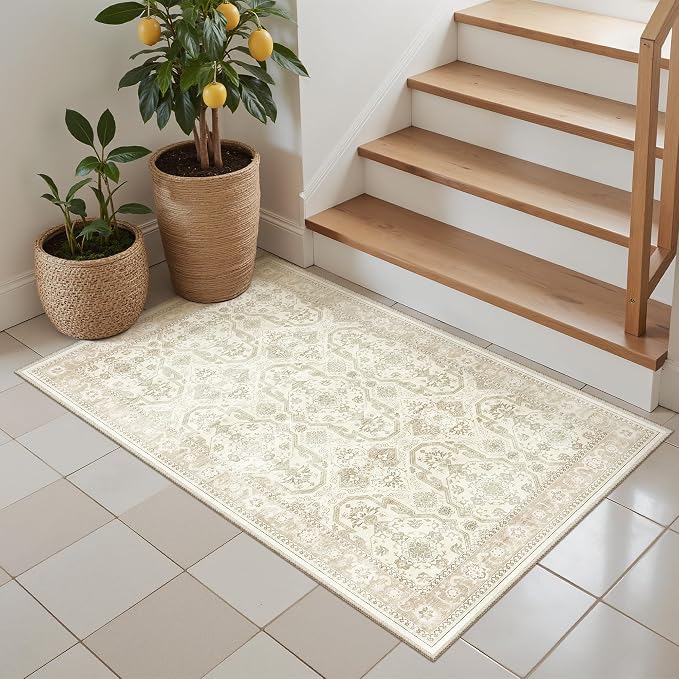 Soalmost 2x3 Washable Rugs for Kitchen Entryway, Small Area Rug Beige/Brown | Non-Slip Vintage Low Pile Throw Door Mat For Bathroom Entry Laundry Powder Room, Stain Resistant Indoor Entrance Floor Carpet
