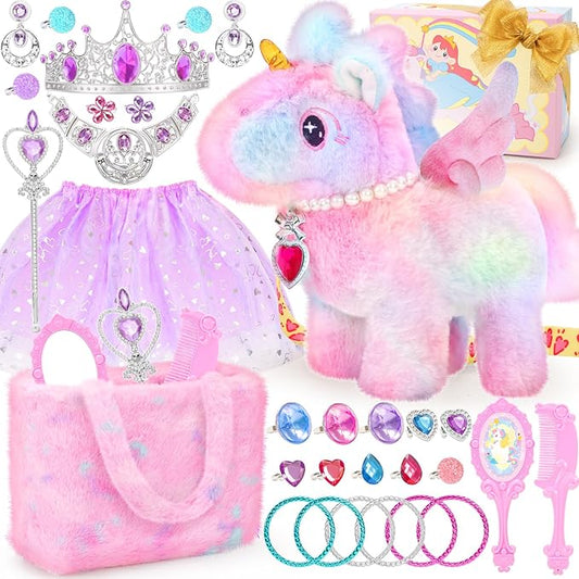 Tagitary Interactive Unicorn Plush Toy with Glowing Horns, Walking Pony Realistic Stuffed Unicorn with Kids Dress Up & Pretend Princess Jewelry Toys,Christmas Birthday Gift Party Favors for Toddlers