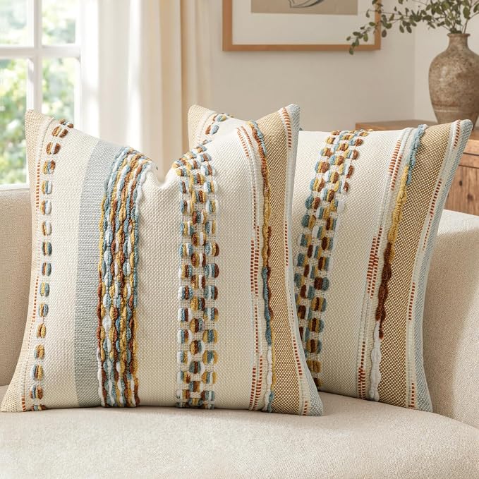 ANRODUO Boho Decorative Throw Pillow Covers 18x18 Inch Rust Blue Pack of 2 | Throw Pillow Covers, Farmhouse Cushion Case, Chenille Pillow Cases, Pillow Covers, Accent Neutral Pillowcase for Sofa Couch