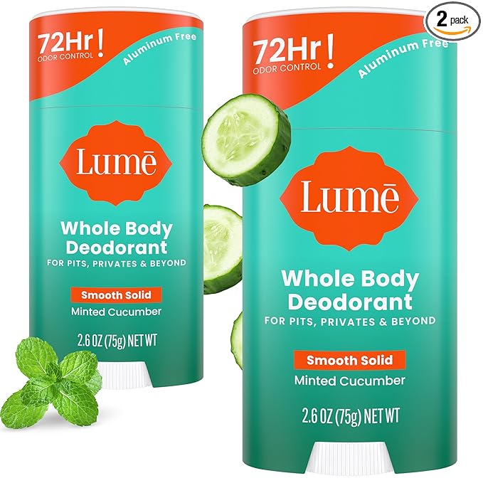 Lume Whole Body Deodorant - Smooth Solid Stick - 72 Hour Odor Control - Aluminum Free, Baking Soda Free and Skin Safe - 2.6 Ounce (Pack of 2) (Minted Cucumber)
