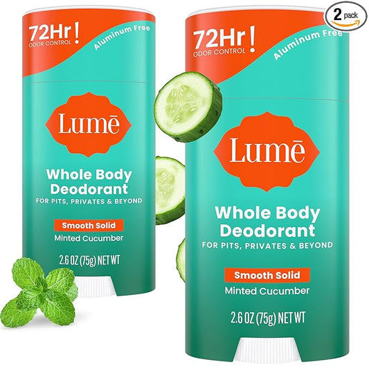 Lume Whole Body Deodorant - Smooth Solid Stick - 72 Hour Odor Control - Aluminum Free, Baking Soda Free and Skin Safe - 2.6 Ounce (Pack of 2) (Minted Cucumber)