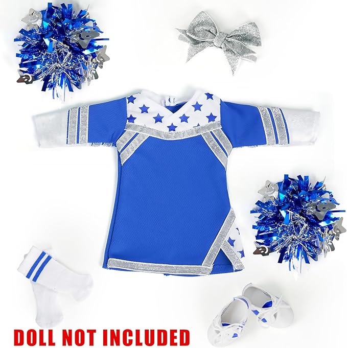 ARTST Cheer Uniform Doll Outfit-18 inch Doll Clothes & Accessories Set Including Pom Poms,Shoes,Socks and Hairbow,Sport Gifts for Girls Age 6+(Blue and White)
