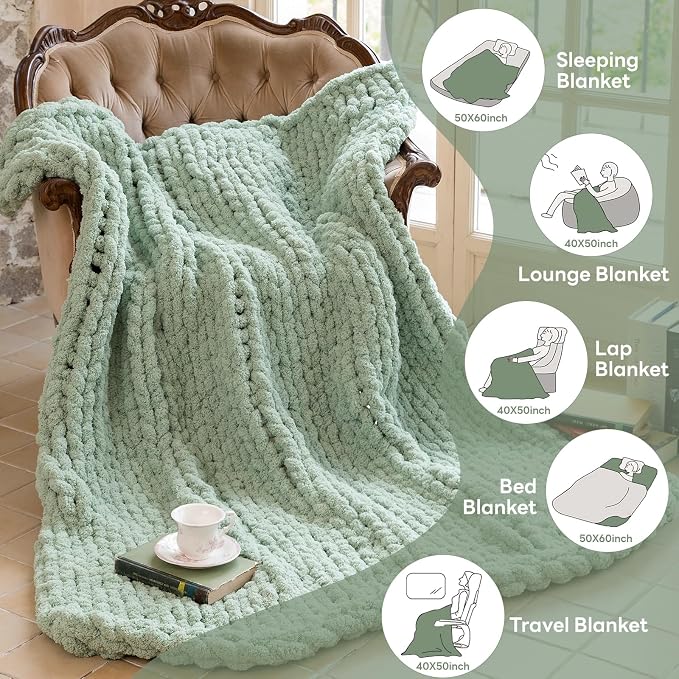 Chunky Knit Blanket - Luxury Soft Cozy 40 * 50 Throw Blanket,100% Woven Blanket Rope Knot Throw Blanket for Couch, Sofa, Home Decor, Gift - Machine Washable (Sage Green, 40 * 50)