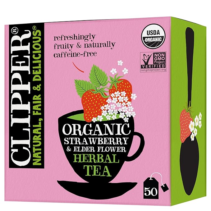 Clipper Tea Organic Strawberry & Elderflower Herbal Tea – 50 Count (Pack of 1) – Caffeine Free & Non-GMO – Unbleached, Plastic-Free Tea Bags – Delicious Hot or Iced Fruit Infusion