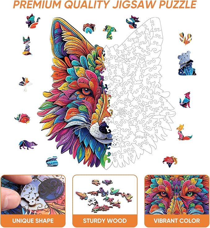 Qiuenisray Wooden Puzzles for Adults, Wolf Jigsaw Puzzles 200 Pieces, FSC Certified Unique Shape Animal Adult Puzzles, Christmas Puzzle Gift for Family Game 10.2x11.2 in