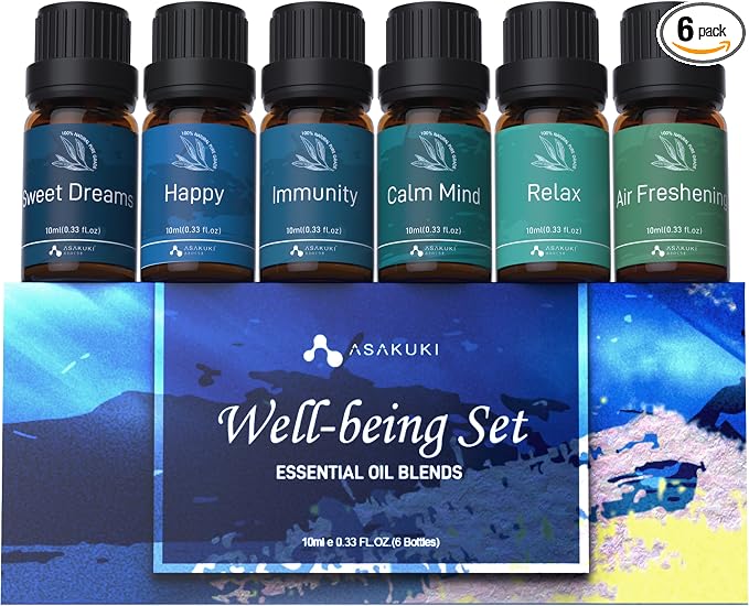ASAKUKI Essential Oils, Well-Being Essential Oil Set- Calm Mind, Sweet Dreams, Happy, Relax, Air Freshening, Immunity for Diffuser, Waterless Diffuser, Aromatherapy and Humidifiers, 6x10ml