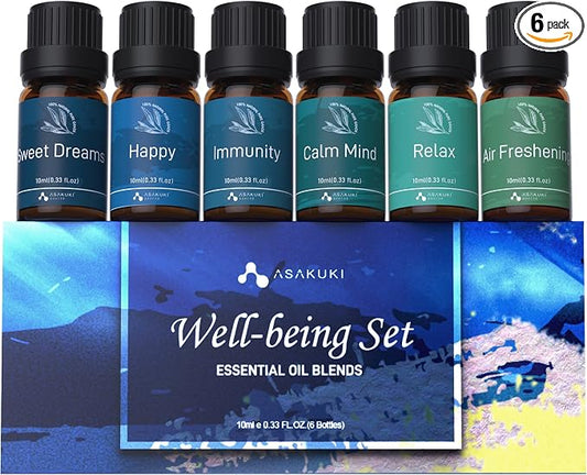 ASAKUKI Essential Oils, Well-Being Essential Oil Set- Calm Mind, Sweet Dreams, Happy, Relax, Air Freshening, Immunity for Diffuser, Waterless Diffuser, Aromatherapy and Humidifiers, 6x10ml